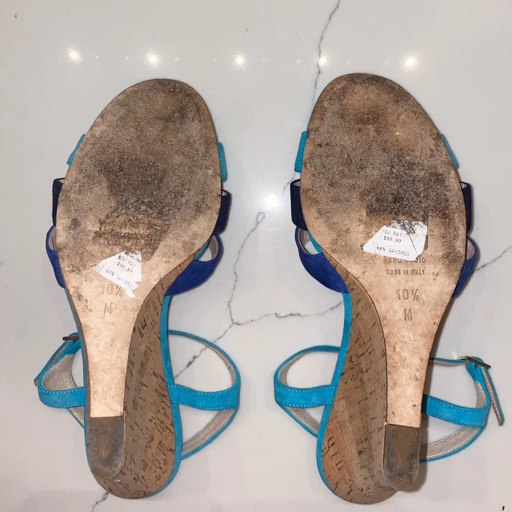 kate spade Blue Multi Suede Cork Wedge Sandals